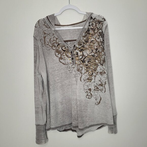 y2k Maurices gray gold cyber grunge thermal lightweight hooded top size 2x - Picture 1 of 7